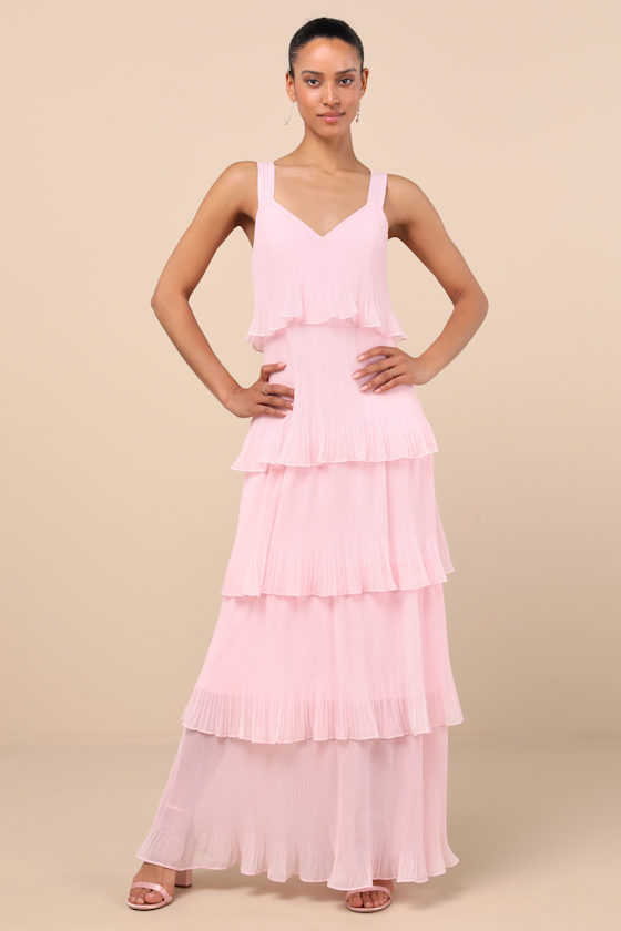 Elegant Nature Blush Pink Pleated Sleeveless Tiered Maxi Dress