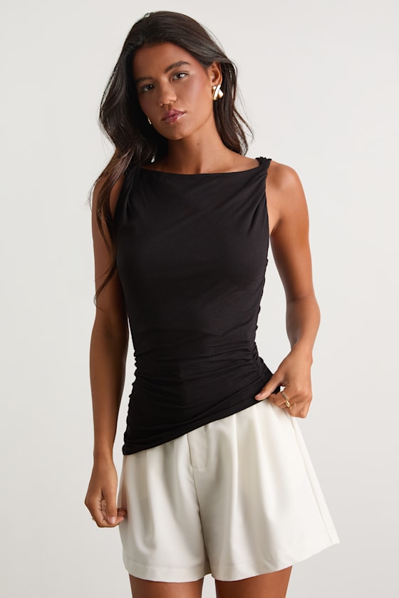 Linzia Black Jersey Knit Asymmetrical Top