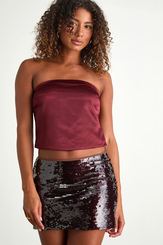 Devine Burgundy Satin Strapless Crop Top