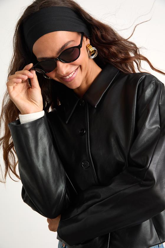 Mariely Black Vegan Leather Button-Front Cropped Jacket