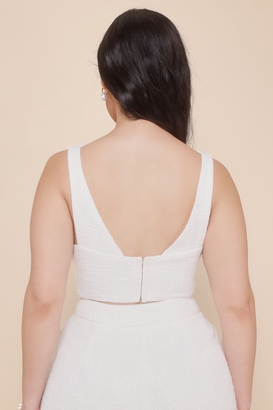 Chic and Sophisticated Ivory Tweed Cropped Tank Top