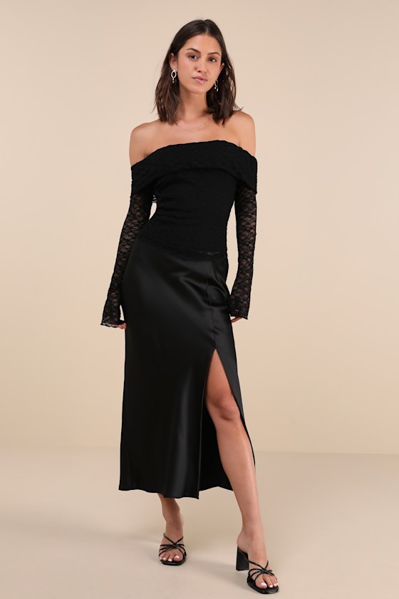 Serene Date Black Lace Off-the-Shoulder Long Sleeve Top