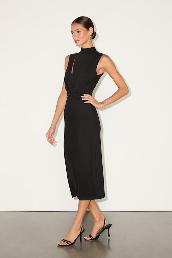 Kamara Black Mesh Cutout Knotted Midi Dress