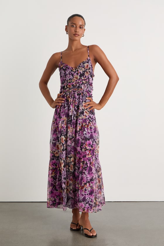 Dayah Purple Floral Ruffled Tiered Midi Dress