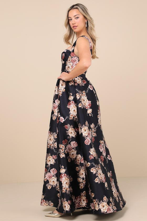 Elegant Pick Navy Blue Floral Sleeveless Bustier Maxi Dress