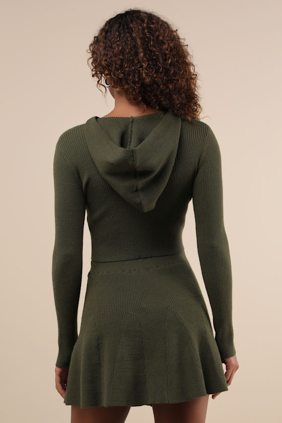 Delightful Duo Olive Ribbed Hooded Two-Piece Sweater Mini Dress