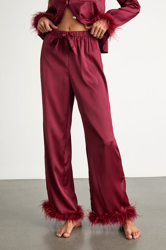Dreamiest Delight Burgundy Satin Feather Two-Piece Pajama Set