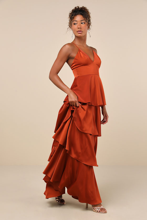 Going with Elegance Rust Brown Satin Tiered Gown