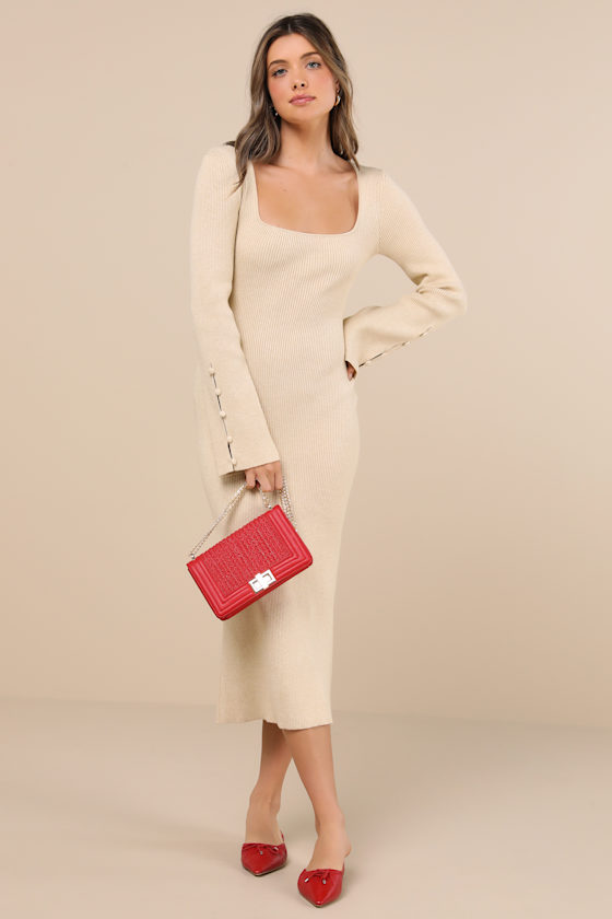 Classy Attitude Beige Ribbed Square Neck Midi Sweater Dress