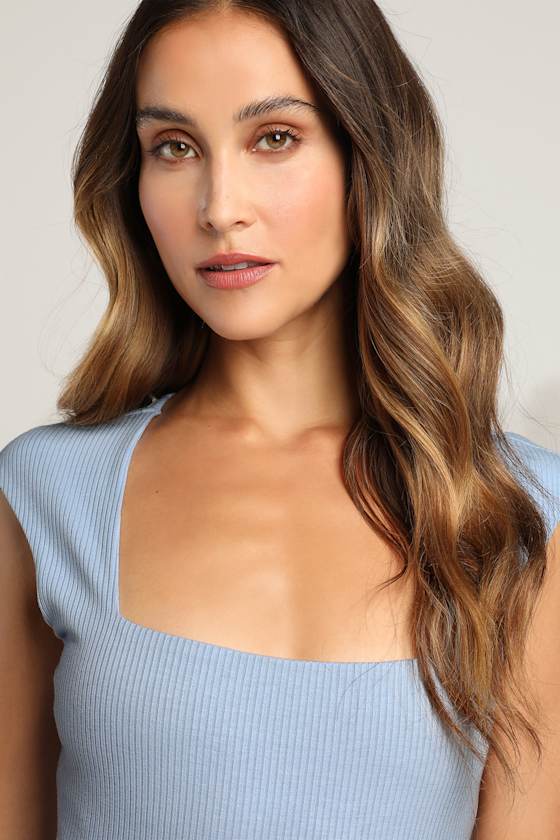 Sweet Crush Light Blue Ribbed Square Neck Bodysuit