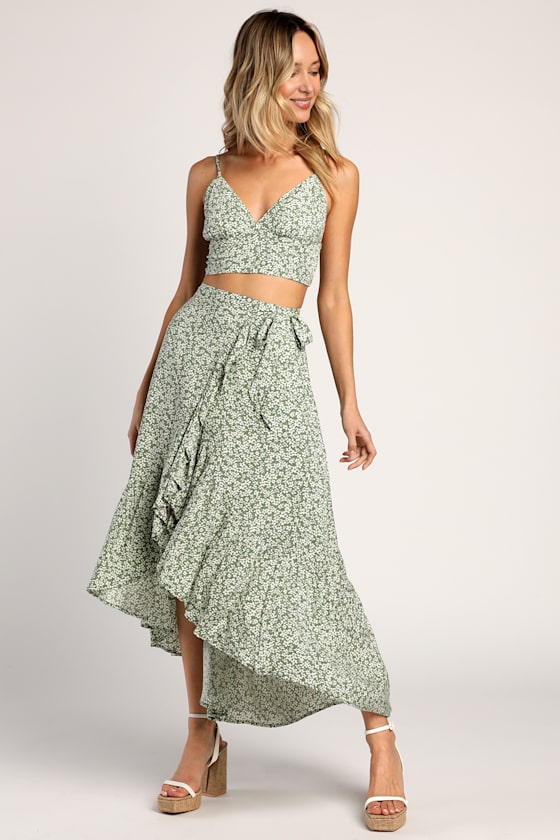 Summer Romance Sage Green Floral Print Two-Piece Midi Dress