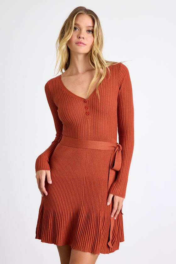 Cozy Poise Rust Orange Henley Long Sleeve Mini Sweater Dress