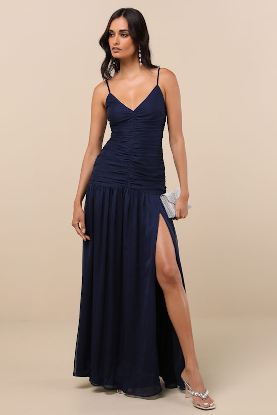 Ronna Navy Ruched Drop Waist Maxi Dress