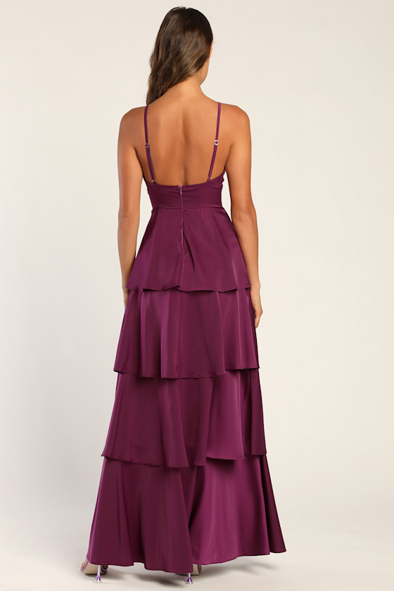 Going with Elegance Plum Purple Satin Tiered Gown
