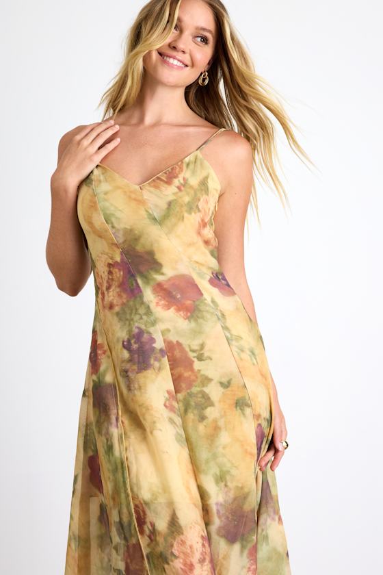 Euroa Yellow Abstract Floral Seamed Sleeveless Midi Dress