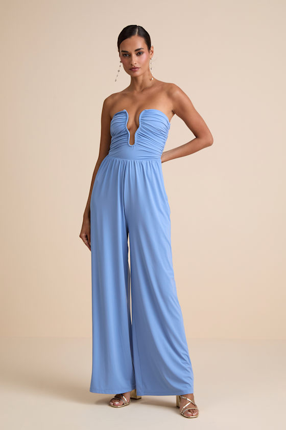 Avietta Light Blue Cutout U-Bar Strapless Jumpsuit