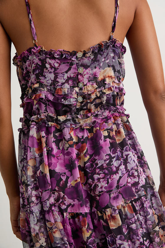 Dayah Purple Floral Ruffled Tiered Midi Dress