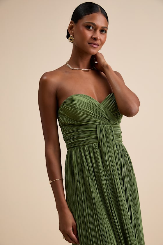 Oswin Olive Green Satin Plisse Strapless Maxi Dress