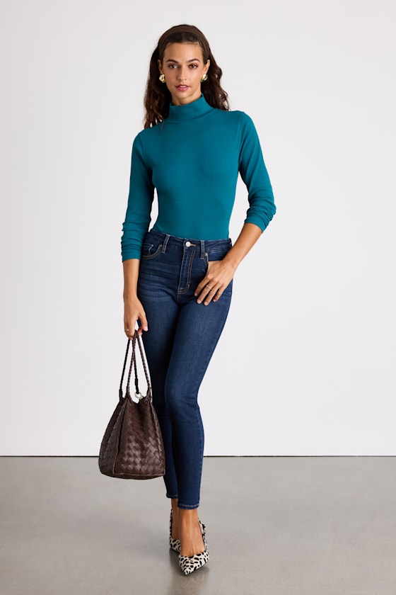 Wilde Teal Ribbed Long Sleeve Mock Neck Bodysuit
