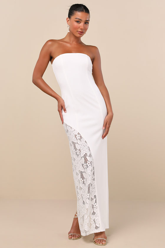 Irresistible Attitude White Strapless Lace Column Maxi Dress