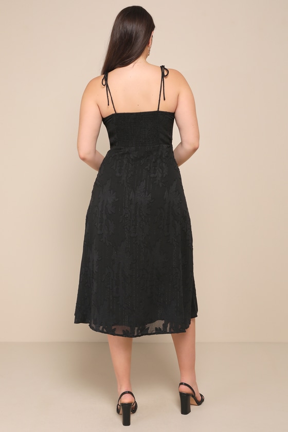 Loveliest Looks Black Floral Jacquard Tie-Strap Midi Dress