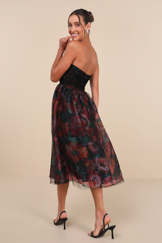 Splendidly Yours Black Floral Organza Mesh Strapless Midi Dress