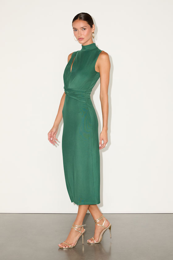 Kamara Green Mesh Cutout Knotted Midi Dress