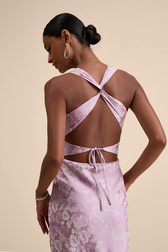 Liliya Lavender Satin Jacquard Backless Maxi Dress