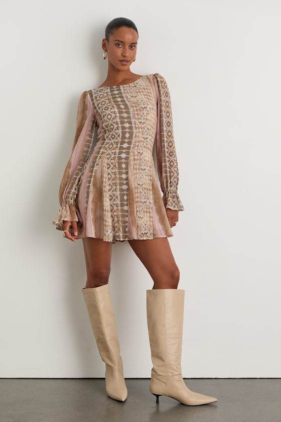 Kivah Pink and Taupe Boho Print Long Sleeve Mini Dress