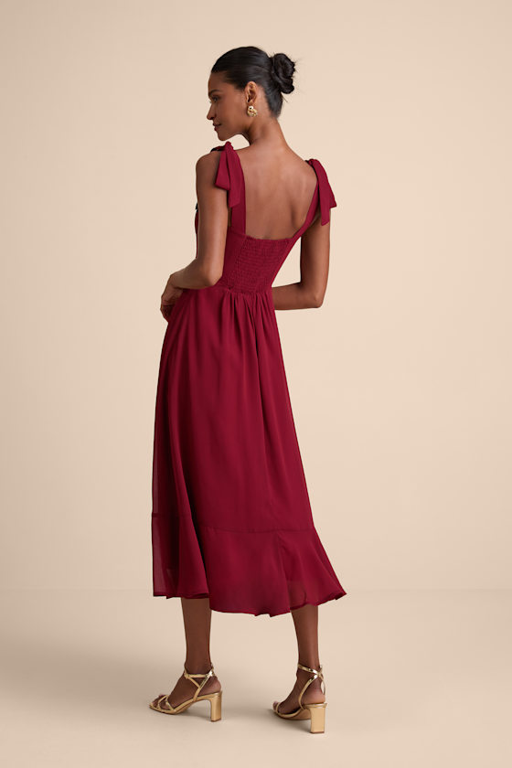 Summer Invite Wine Red Tie-Strap Tiered Midi Dress