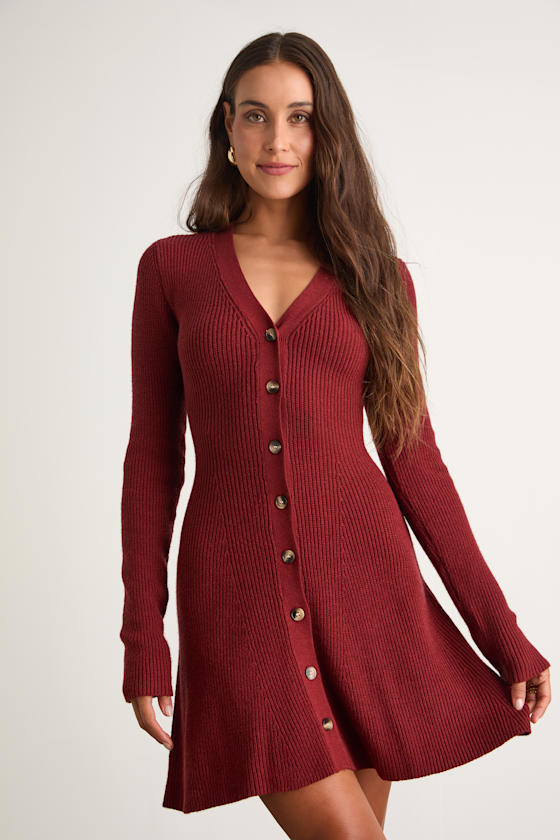 Adorably Flirty Rust Red Button-Front Sweater Mini Dress