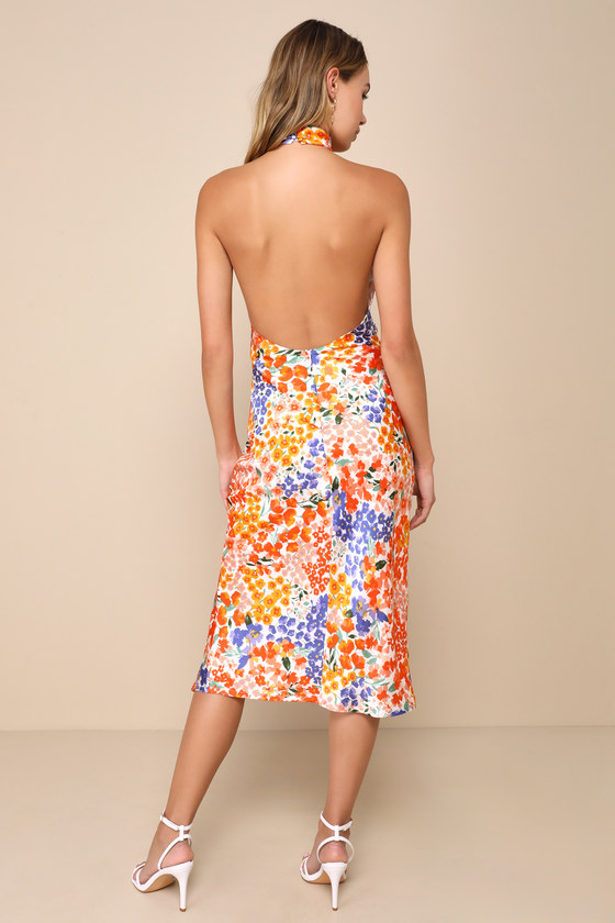 Bold Presence Orange Multi Floral Satin Halter Midi Dress
