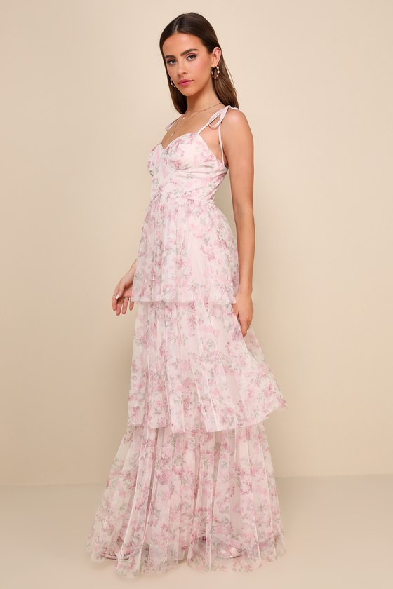 Blissfully Gorgeous Blush Floral Tie-Strap Bustier Maxi Dress