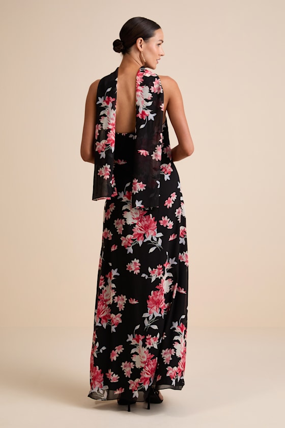 Rawya Black Floral Strapless Maxi Dress and Scarf Set
