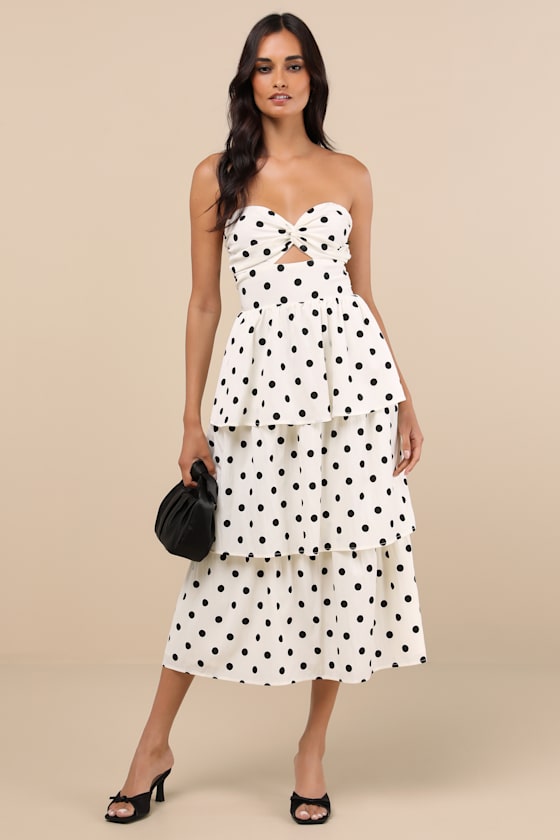 Modie White Polka Dot Twist-Front Lace-Up Midi Dress