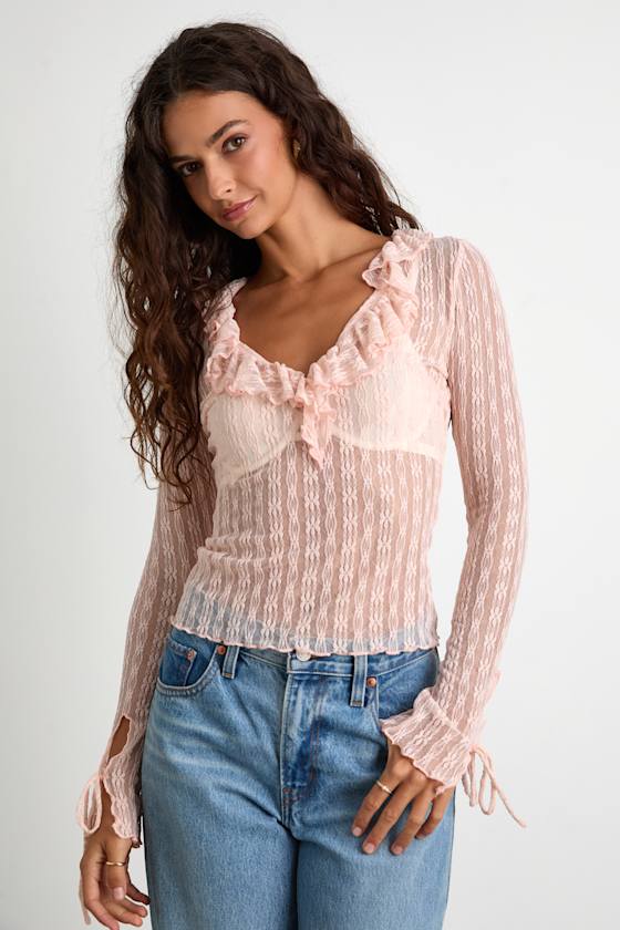 Lindley Light Pink Sheer Lace Ruffled Long Sleeve Top