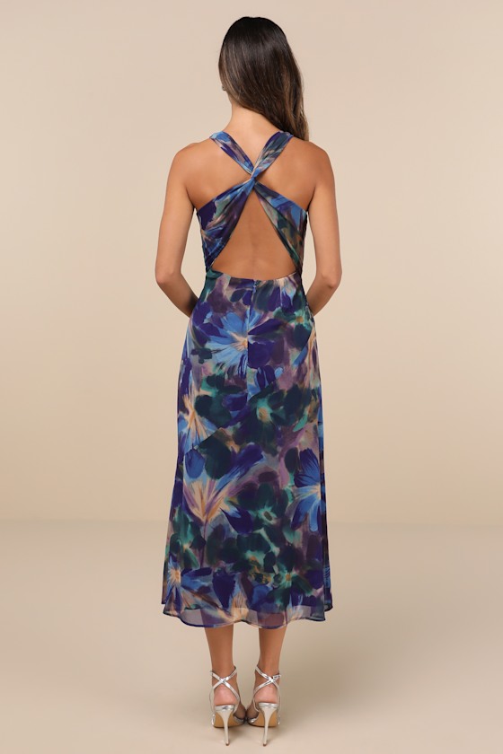 Delight in Elegance Blue Multi Floral Halter Cutout Midi Dress