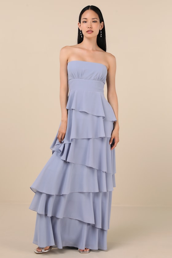 Gorgeous Essence Slate Blue Strapless Tiered Maxi Dress