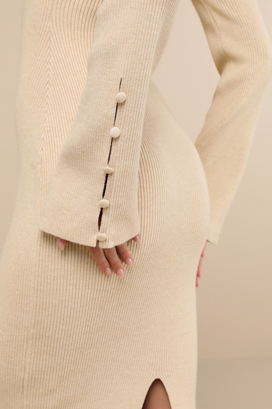 Classy Attitude Beige Ribbed Square Neck Midi Sweater Dress