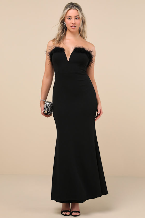 Extraordinary Glam Black Feather Strapless Mermaid Maxi Dress