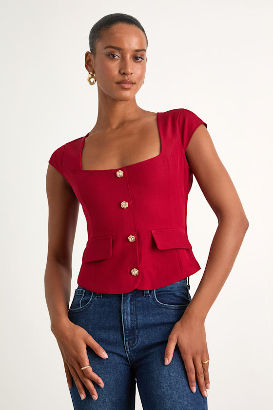 Azora Red Button-Front Cap Sleeve Top