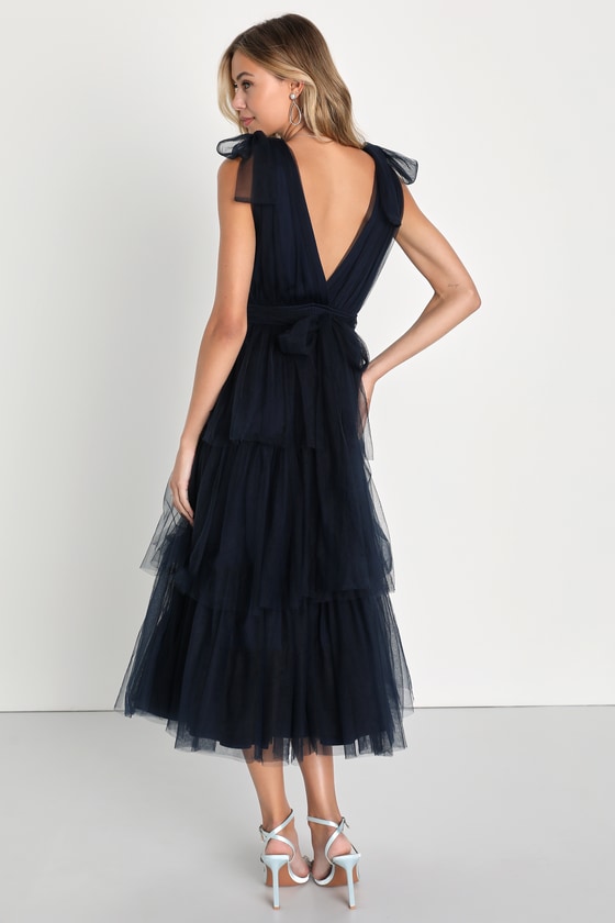 Flawless Arrival Navy Blue Tulle Tie-Strap Tiered Maxi Dress