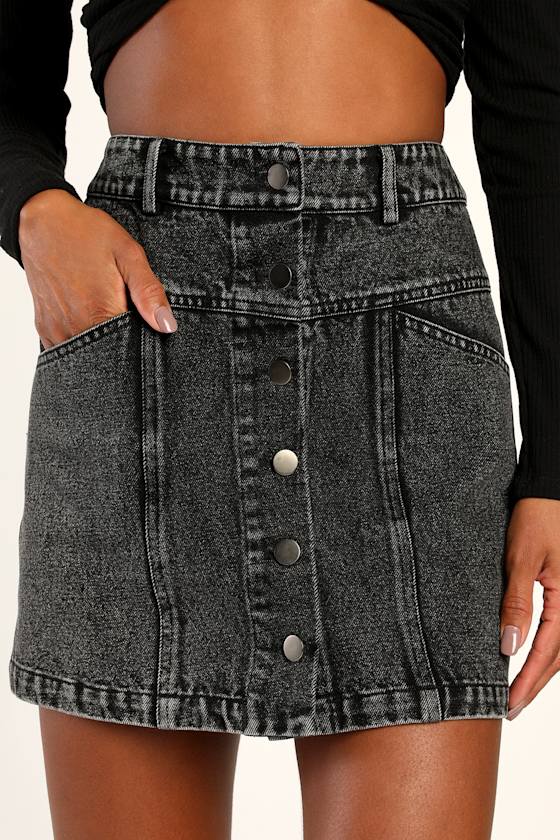 Real Babe Black High Waisted Button-Up Denim Mini Skirt
