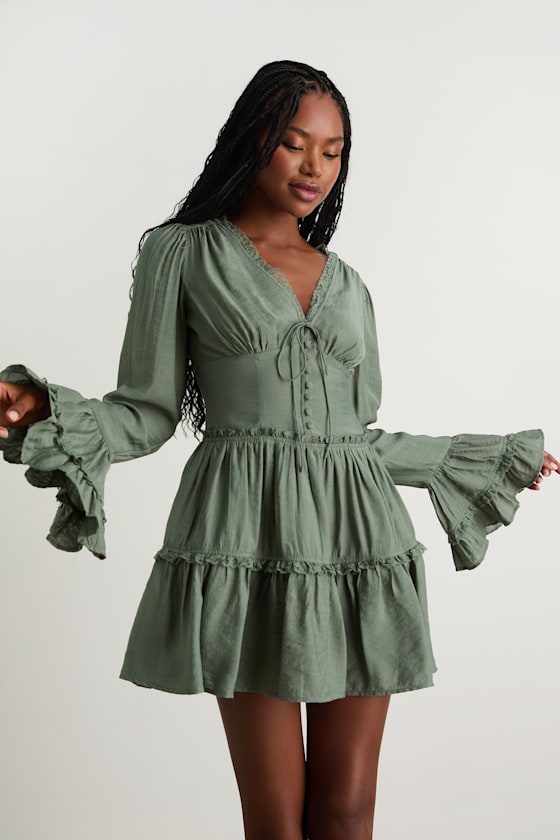 Ayaana Sage Green Long Sleeve Tiered Mini Dress