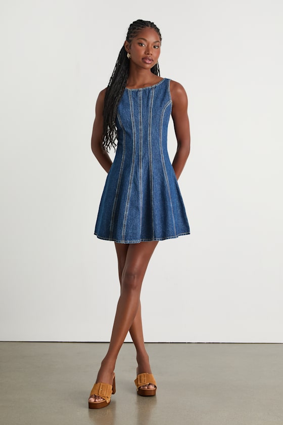 Marchella Dark Wash Denim Seamed Mini Dress