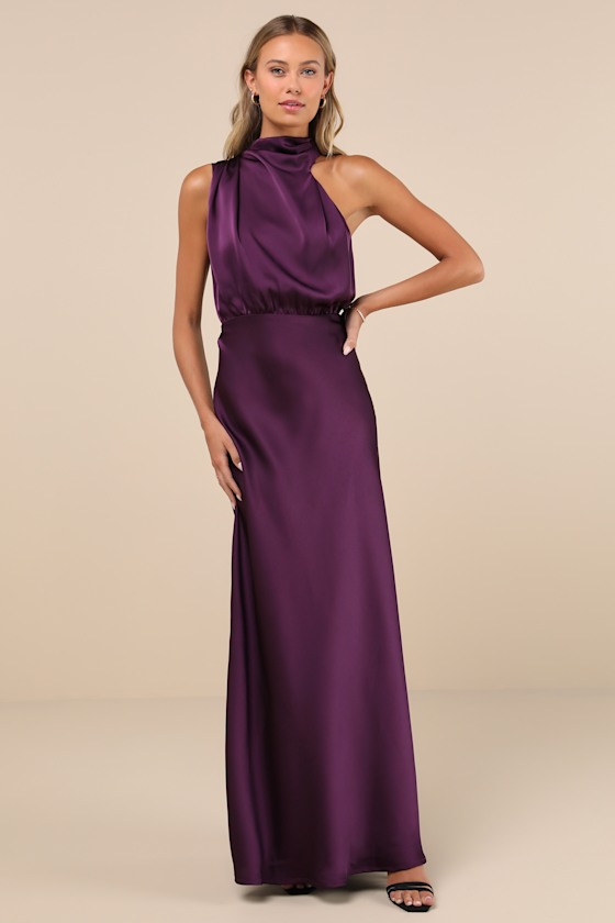 Distinctive Charm Purple Satin Asymmetrical Maxi Dress
