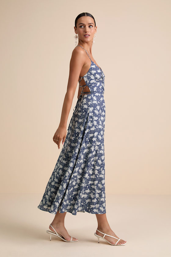Picturesque Moments Blue Floral Print Strappy Maxi Dress