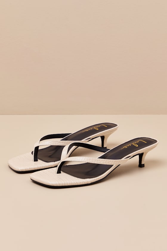 Massima Bone Croc-Embrossed Thong Kitten Heel Sandals