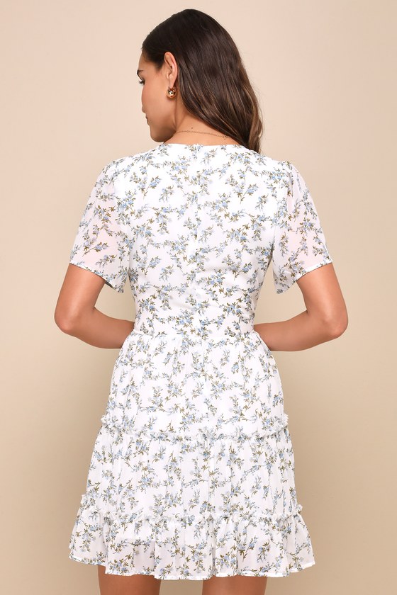 So True White Floral Print Tiered Short Sleeve Mini Dress