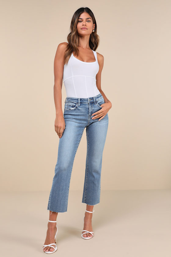 Melissa Light Wash Mid-Rise Straight Leg Raw Hem Jeans